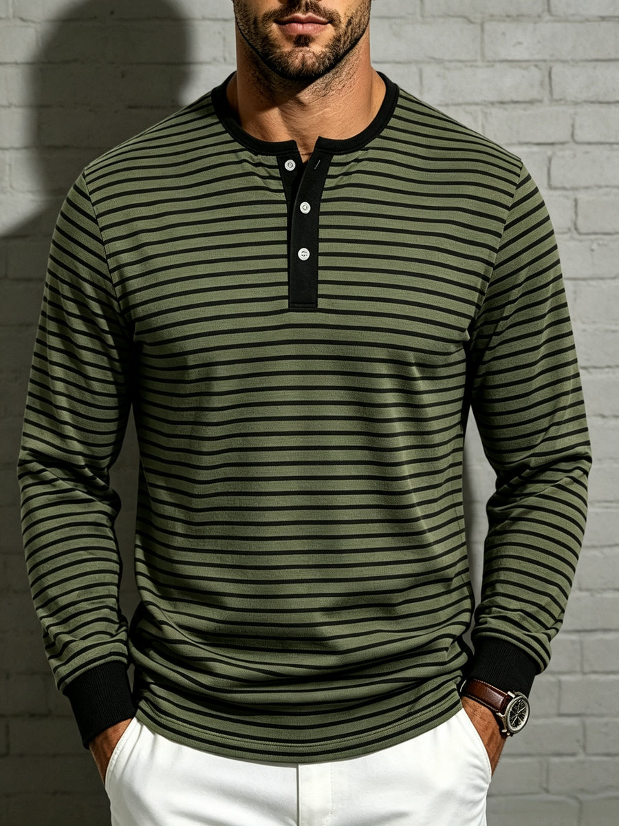 Men'S Striped Henley Shirt, Fall Casual Long Sleeve T-Shirt with 3 Buttons And Contrast Ribbed Collar for Daily Commute And Outdoor - fern green