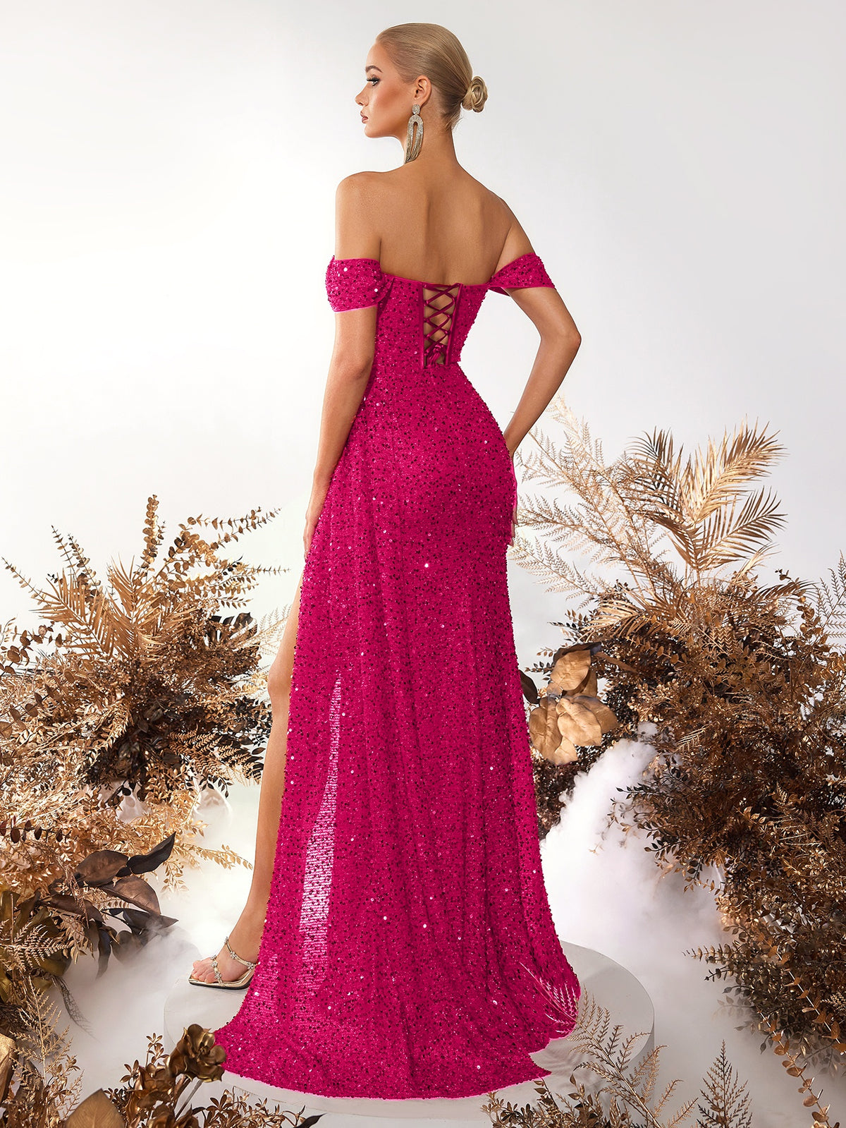 Sequined Henley Neckbone Pleated Waist Long Scarf Front Slit Backless Prom Party Dress - Rose Red