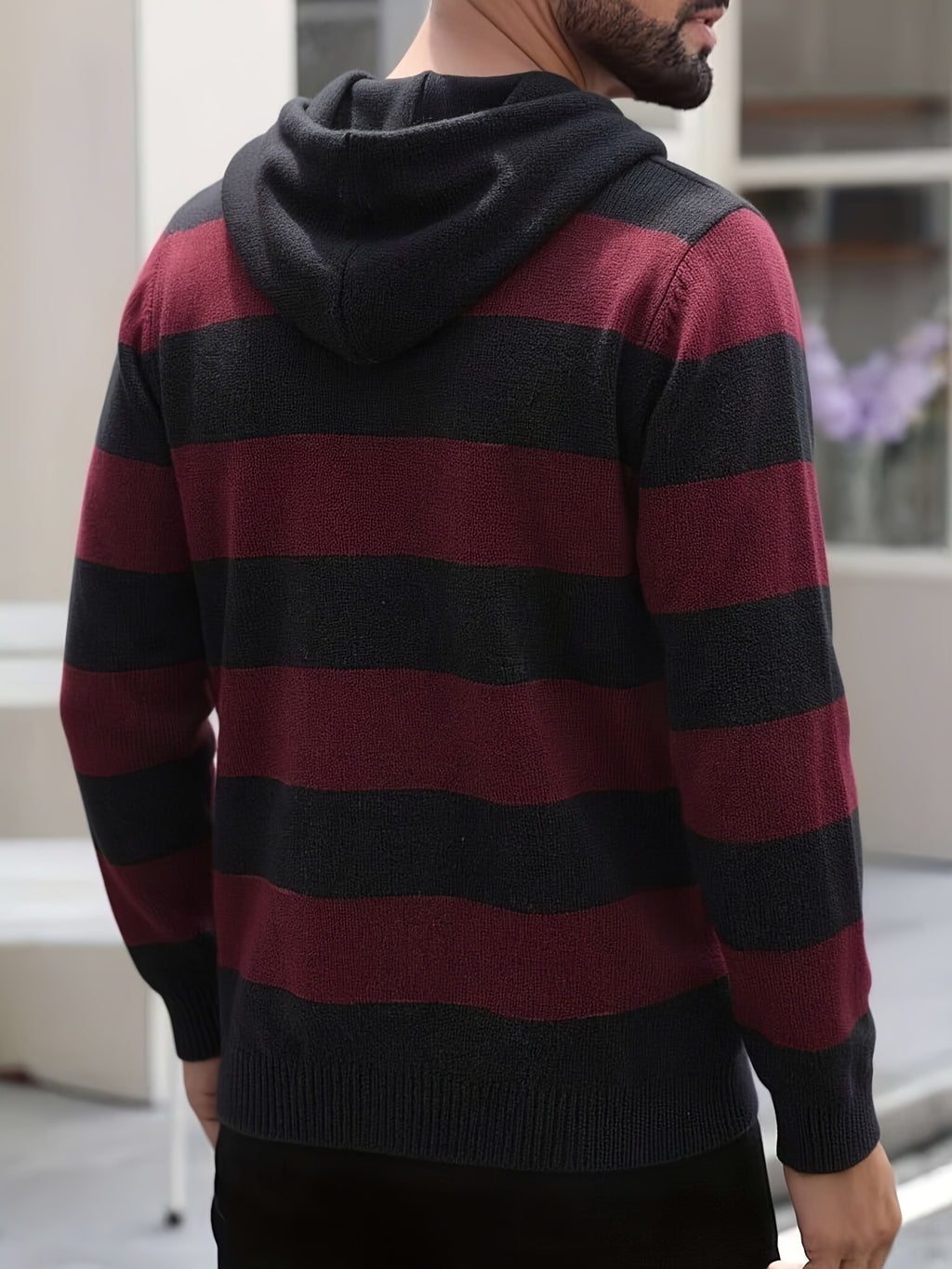 Men'S Hooded Sweater Autumn Winter New Fashion Casual Sweatshirt Knit Pullover Long Sleeve Warm Top Men, Regular Fit, Daily, Striped - Burgundy
