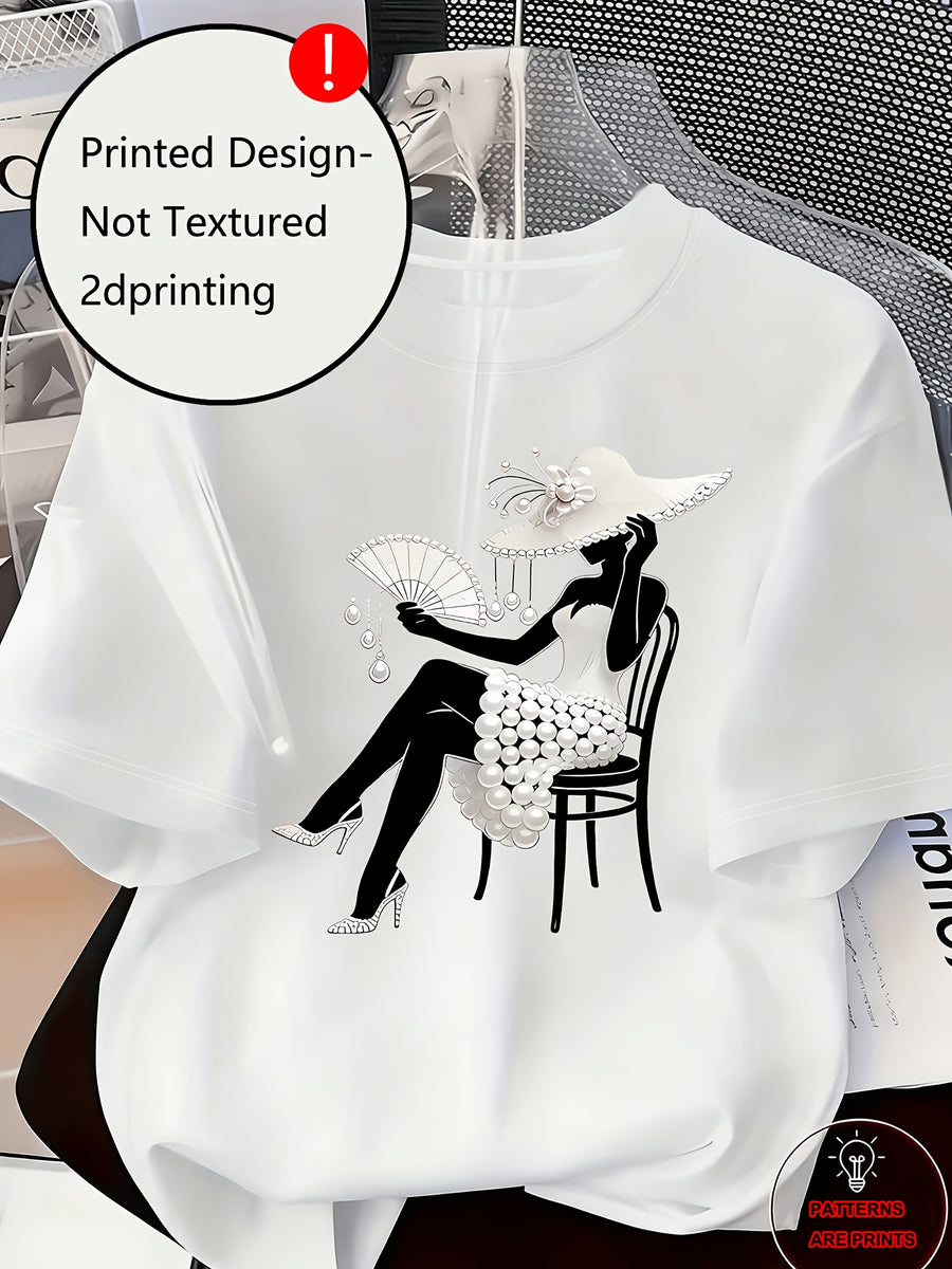 Printed Design Casual Crew Neck T-Shirt, Spring/Summer Fashion Women's T-Shirt [Printed Design – Not Textured] - White 4