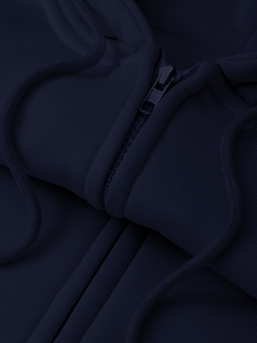 Simple Pony Heart Pattern Small and Exquisite Autumn/Winter Plush Fashionable Trendy Women's Zipper Hooded Sweatshirt Jacket Top - Navy Color