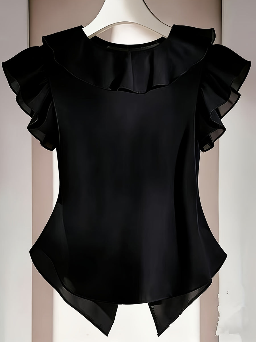 Summer French Solid Ruffled Fly Short Sleeve Shirt Chiffon Top Women'S - Black