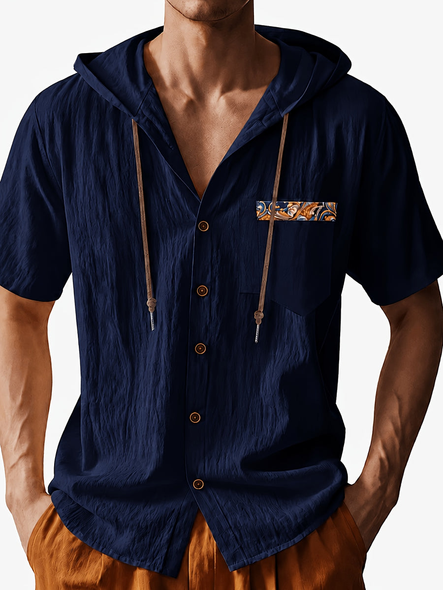 Men's Short Sleeve Hooded Shirt, Casual Button Hoodie Top with Chest Pocket, Lightweight Breathable Summer Shirt for Beach Vacation, Travel, Resort Wear, Outdoor Leisure, Streetwear Style and Daily Casual Outfit - Navy Color