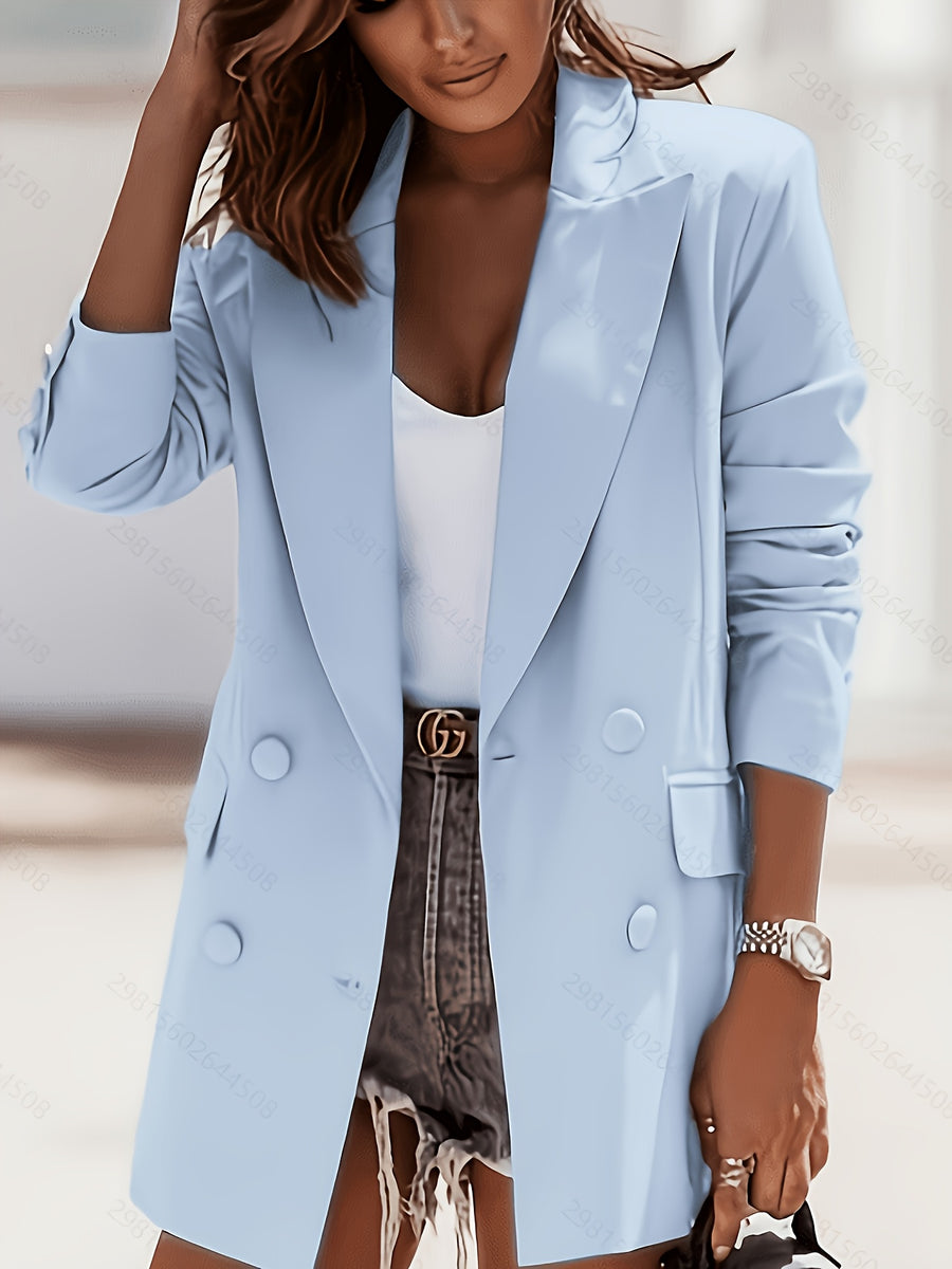 Fashion Women'S Elegant Suit Jacket Trendy Solid Color Lapel Double-Breasted Blazer - Bright Steel Blue