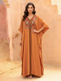 Elegant Floral Embroidered Batwing Sleeves Cover up for Women V-Neck Boho Long Maxi Dress Flowy Summer Holiday Caftan Robe Q1807 - Orange-Red
