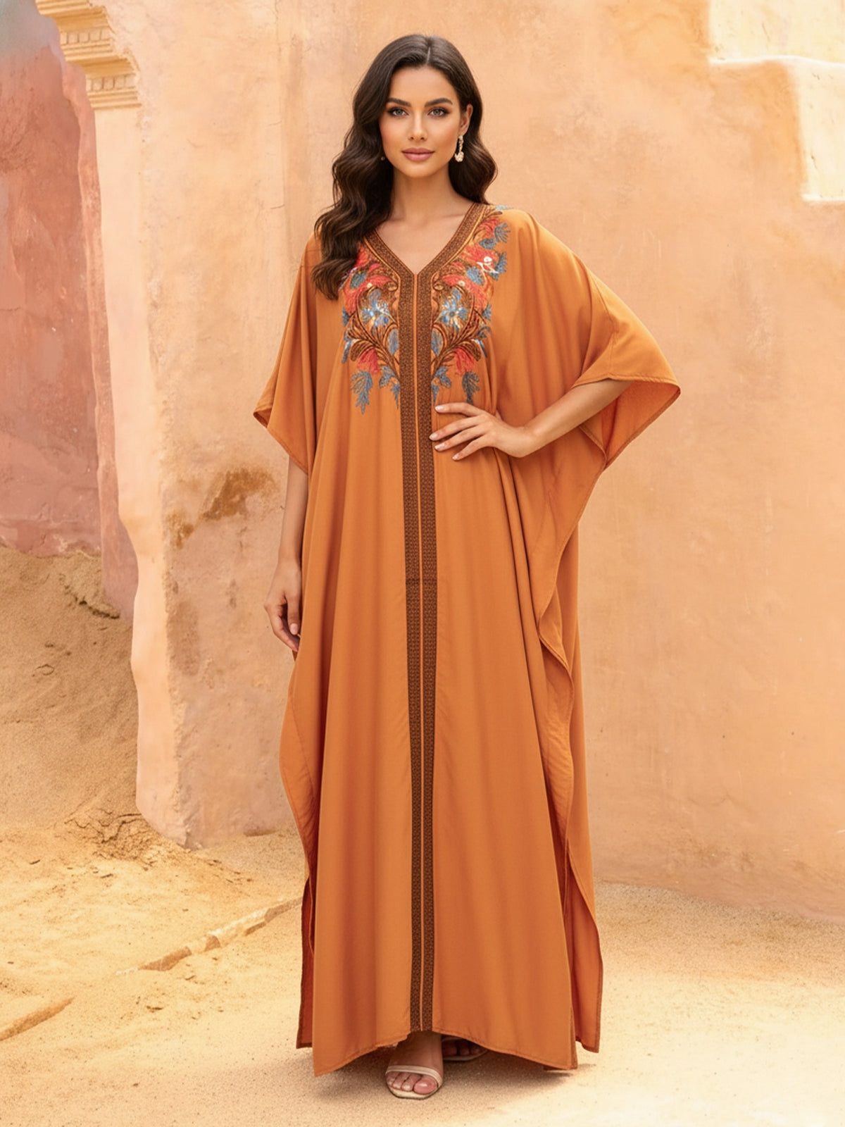Elegant Floral Embroidered Batwing Sleeves Cover up for Women V-Neck Boho Long Maxi Dress Flowy Summer Holiday Caftan Robe Q1807 - Orange-Red