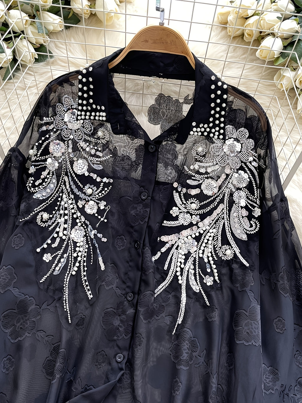 Light Luxury Socialite Heavy Bead Sequin Embroidery Lantern Sleeve Shirt Women'S Summer Thin Loose Outerwear Long Sleeve Top - Black