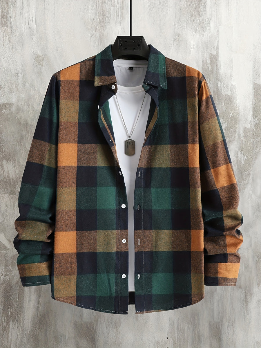Home Men'S Autumn Single-Button Casual Checkered Shirt, Long Sleeve - Green