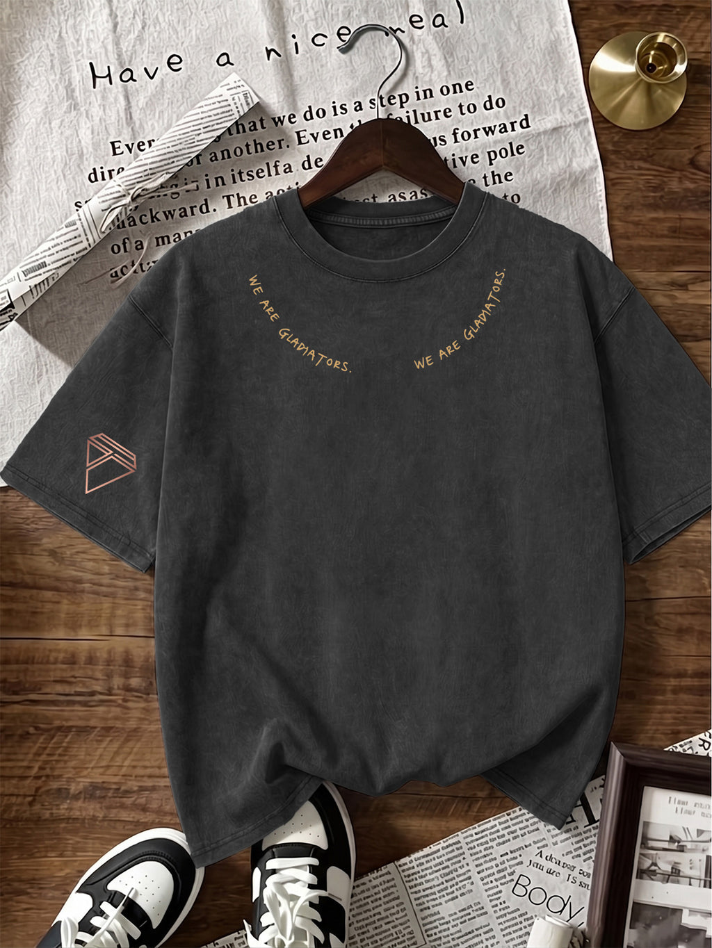 Short Sleeve T-Shirt Men'S Loose Washed Distressed Top Arched Text Triangle Geometric Trendy Print Multi-Color Casual Matching American Street High Street Hip-Hop Couple Style Short Sleeve Daily Outing Commuting Sports Fitness Street Style Y2K Top - Black