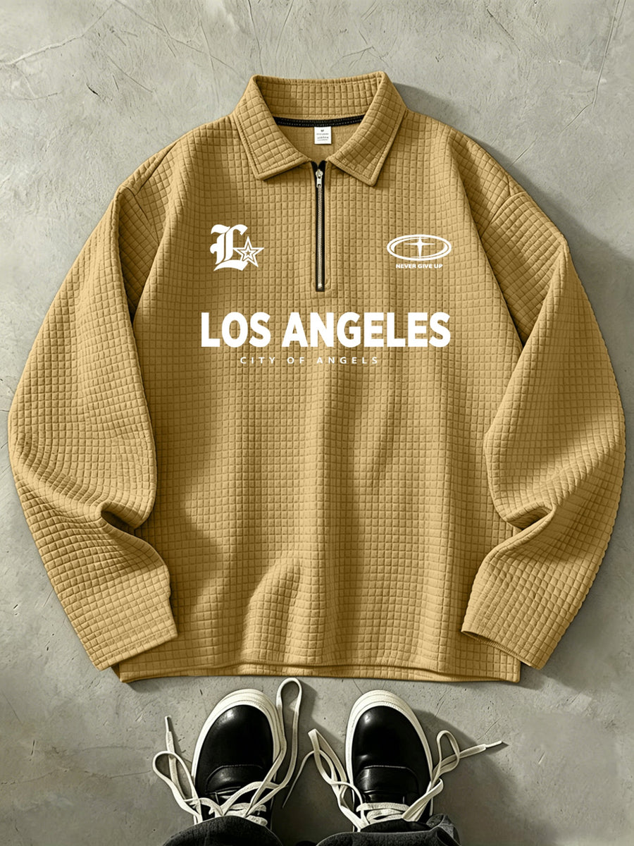 LOS ANGELES Men'S Half-Zip Fashion Waffle Texture Autumn Winter Casual Athletic POLO Shirt Sweatshirt, Street Style Versatile Trendy Long Sleeve Top - Khaki