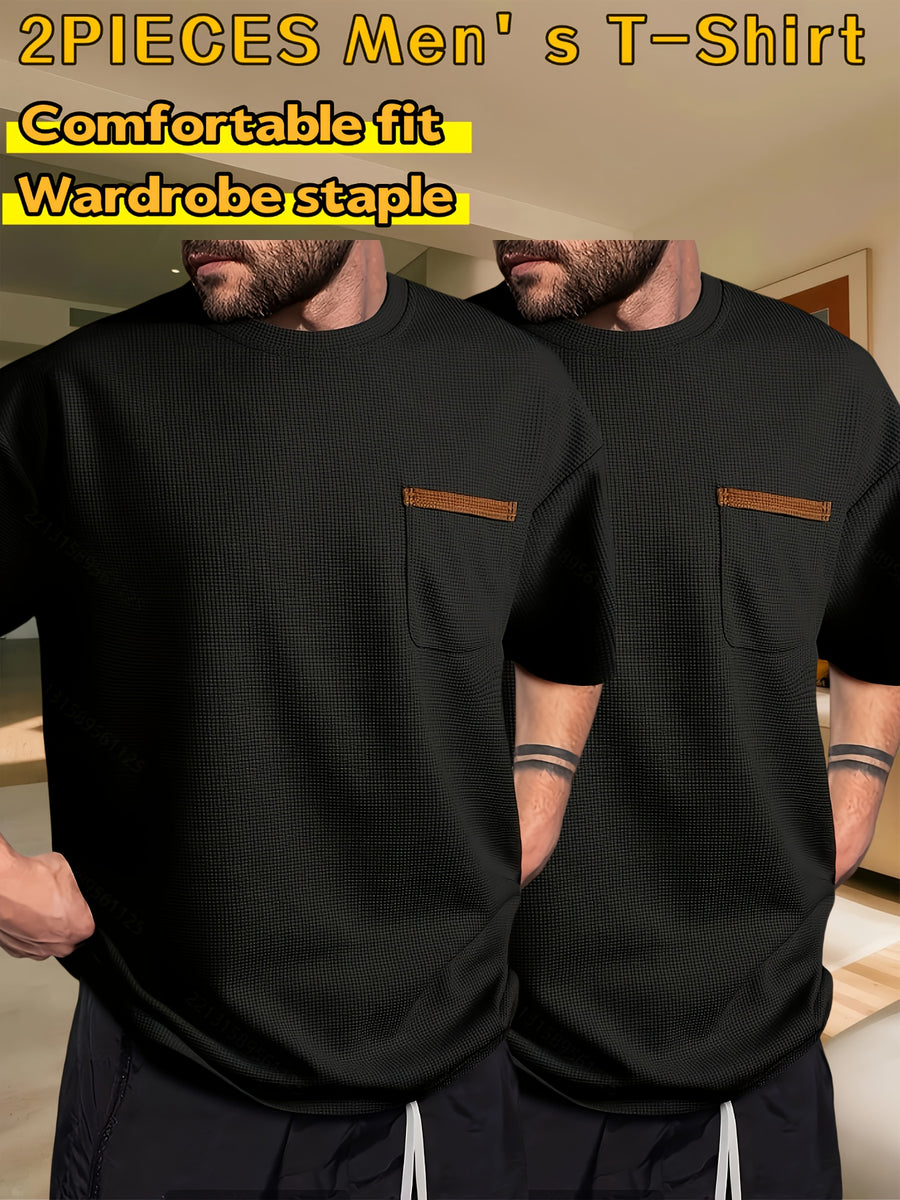 Men's Waffle-Knit Short Sleeve T-Shirt - Breathable Base Layer & Casual Round Neck Pocket Tee, Solid Color Suitable for Gym, Casual Attire, Machine Washable, Spring/Summer Layering Shirt, High-Fit Rate for Lifestyles - Black+black