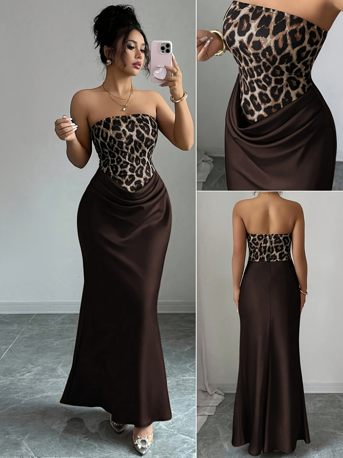 Leopard Print Sleeveless Fitted Evening Gown, Elegant and Charming Women's Bridesmaid Dress - Coffee Brown