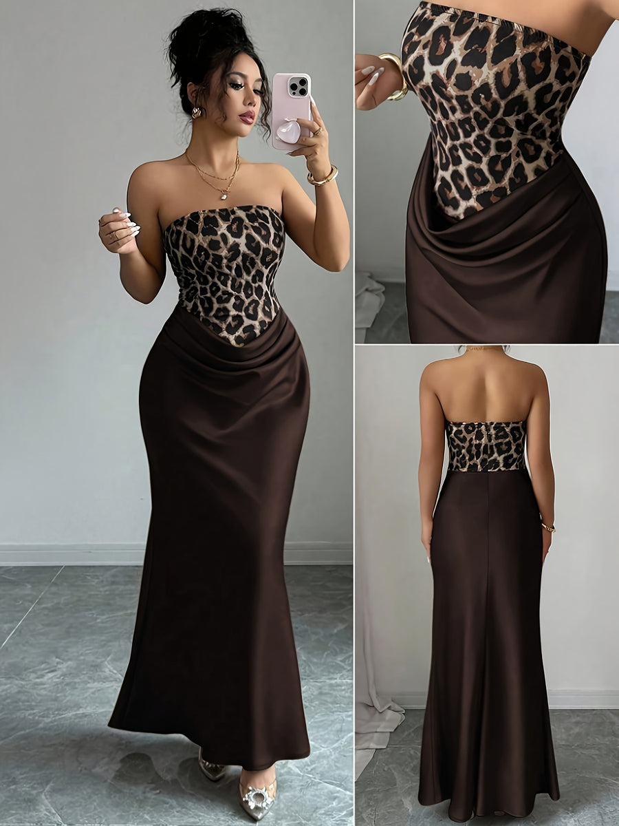 Leopard Print Sleeveless Fitted Evening Gown, Elegant and Charming Women's Bridesmaid Dress - Coffee Brown