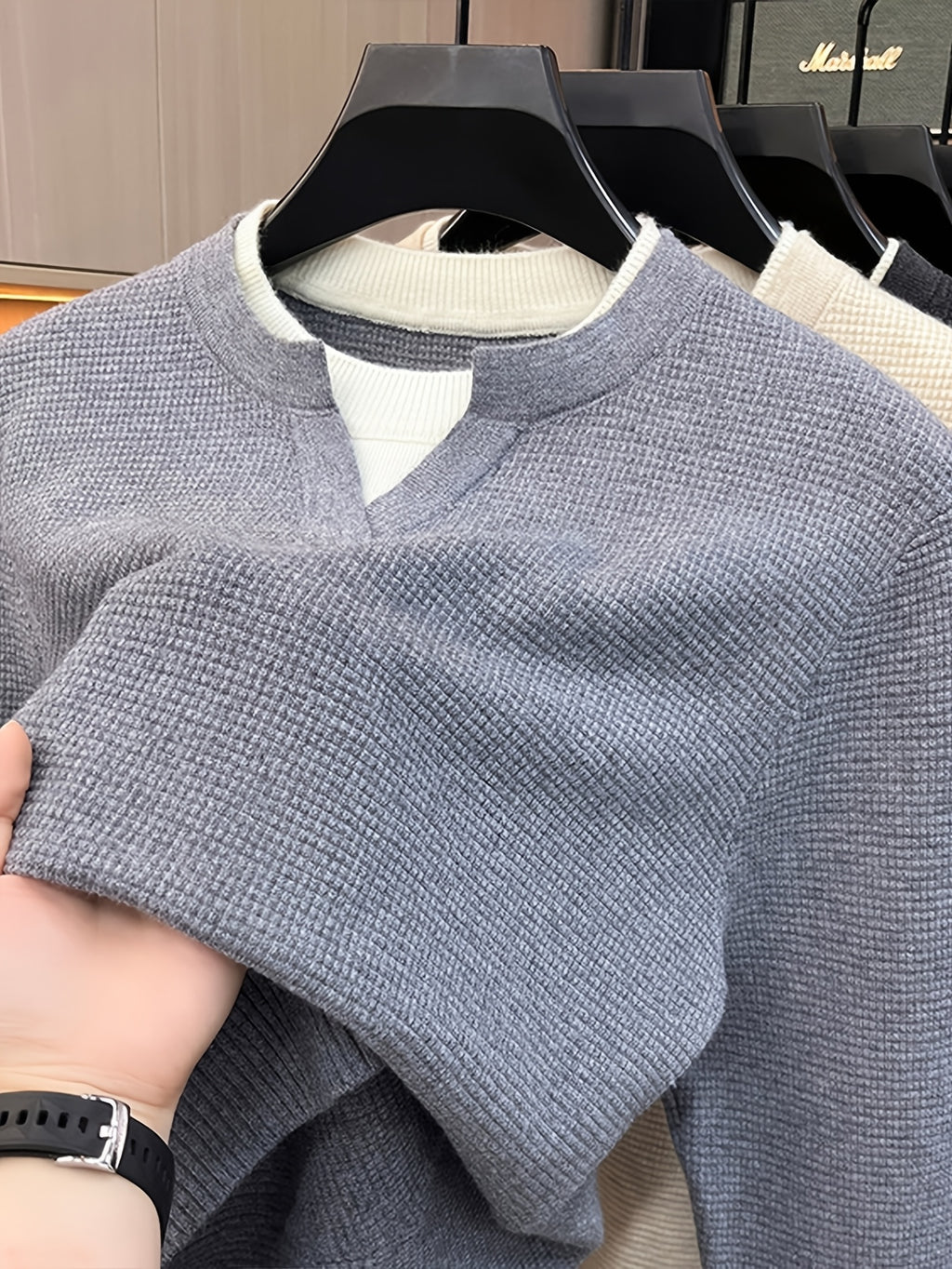 Men's Small V-Neck 2-in-1 Look Waffle Knit Textured Fabric Color-Blocked Double-Layer Neckline Soft, Warm, and Cozy Pullover Top for Spring and Autumn Casual Layering - 【Light Grey】