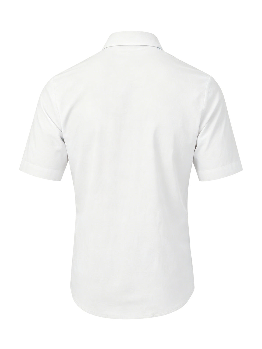 Men's Solid Color Button-Up Lapel Collar Short Sleeve Shirt - Breathable Textured Linen Button-Front Collar Shirt Suitable for Beach, Casual & -Casual Wear, Summer Office Outfits - Non-Stretch Button Collar - White