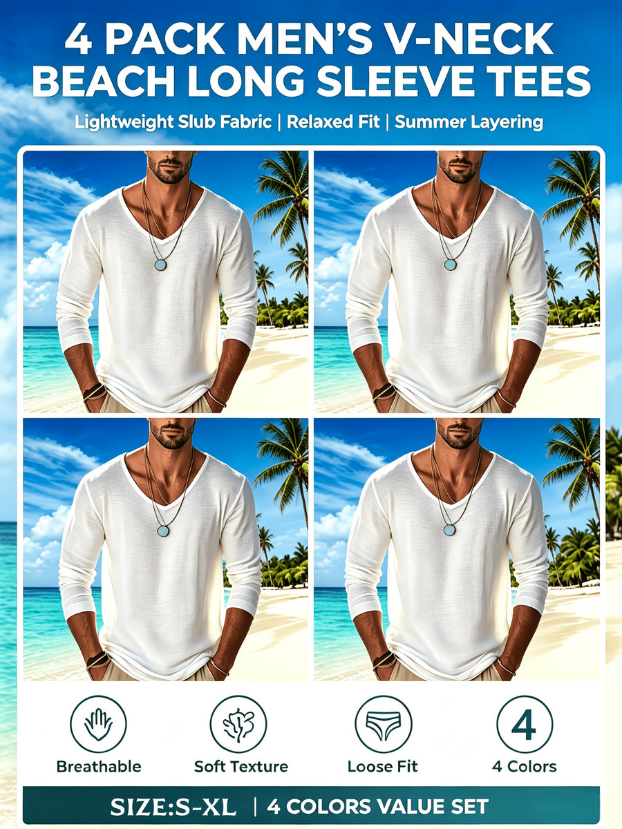 4pcs Set Men's Spring/autumn High-stretch Slim-fit Lightweight Comfortable Breathable Solid Color Long-sleeve Vacation-style Top - White 4