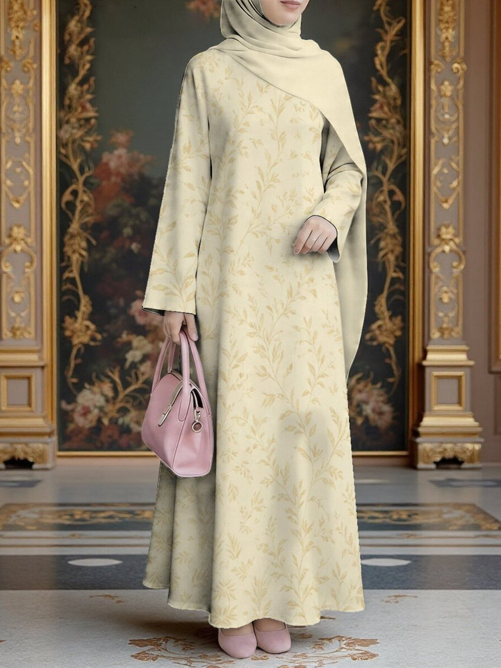 Muslim Women's Dress, Loose Fit, Middle Eastern Traditional Thobe, Straight Cut Long Sleeve Elegant Muslim Long Dress, Long Abaya, Light Golden Fine Branch and Leaf Botanical Print Dress, Headscarf Not Included - Mixed colors