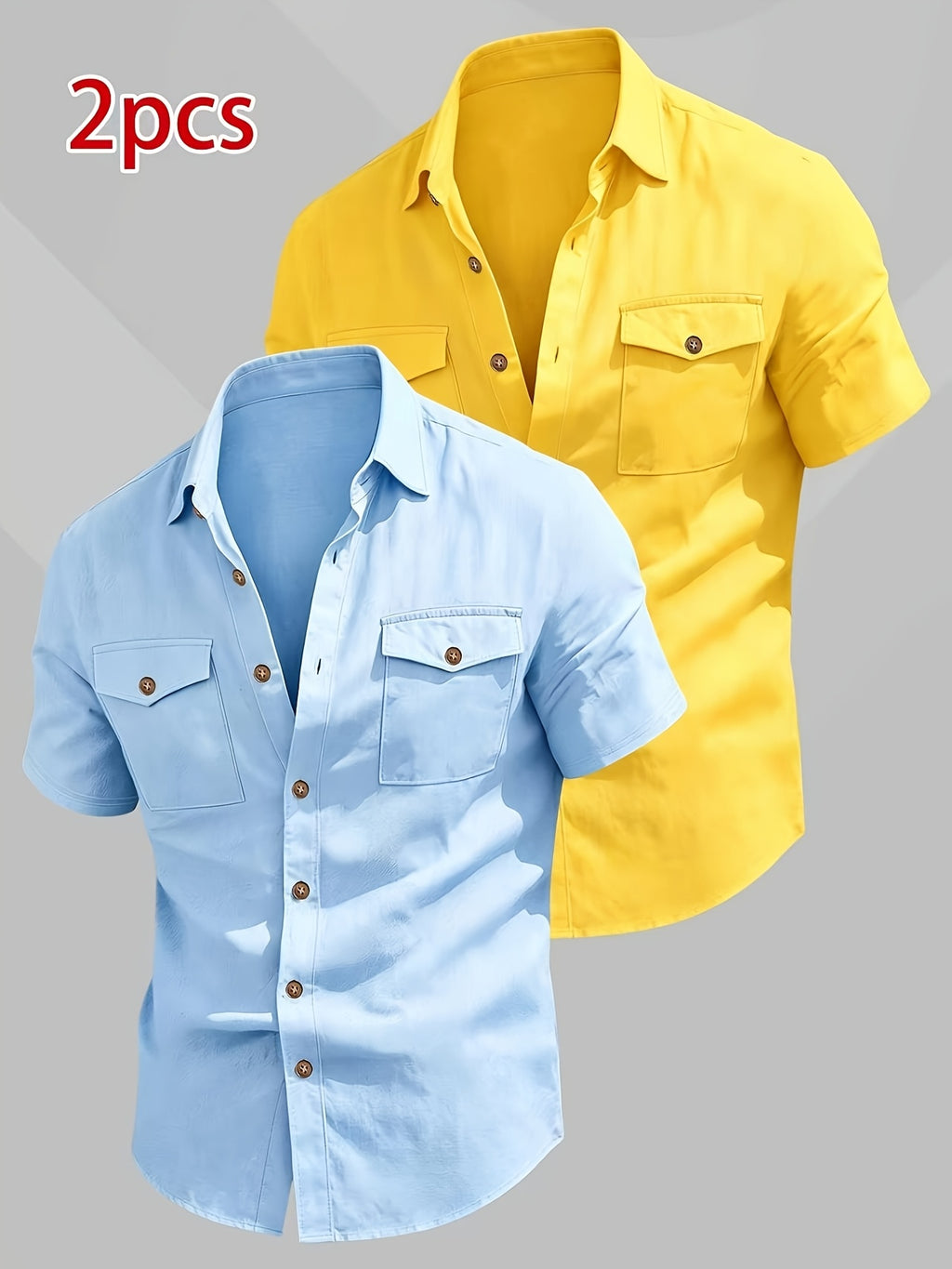 Zhiyu OBM 2pcs Fashionable New Men's Short-Sleeve Shirts, 2pcs with Dual Pocket Design, Suitable for Commuting, Casual Wear, and Vacations - Lake Blue, Yellow