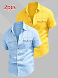 Zhiyu OBM 2pcs Fashionable New Men's Short-Sleeve Shirts, 2pcs with Dual Pocket Design, Suitable for Commuting, Casual Wear, and Vacations - Lake Blue, Yellow