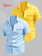 Zhiyu OBM 2pcs Fashionable New Men's Short-Sleeve Shirts, 2pcs with Dual Pocket Design, Suitable for Commuting, Casual Wear, and Vacations - Lake Blue, Yellow