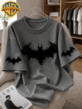 Warner Bros. Officially Licensed Batman Abstract Line Drawing Logo Printed Men's Cotton Short-Sleeved T-Shirt, American Retro Street Style, Soft and Breathable, Suitable for Daily Wear, Streetwear, Fitness, and Outdoor Use - Dark Gray