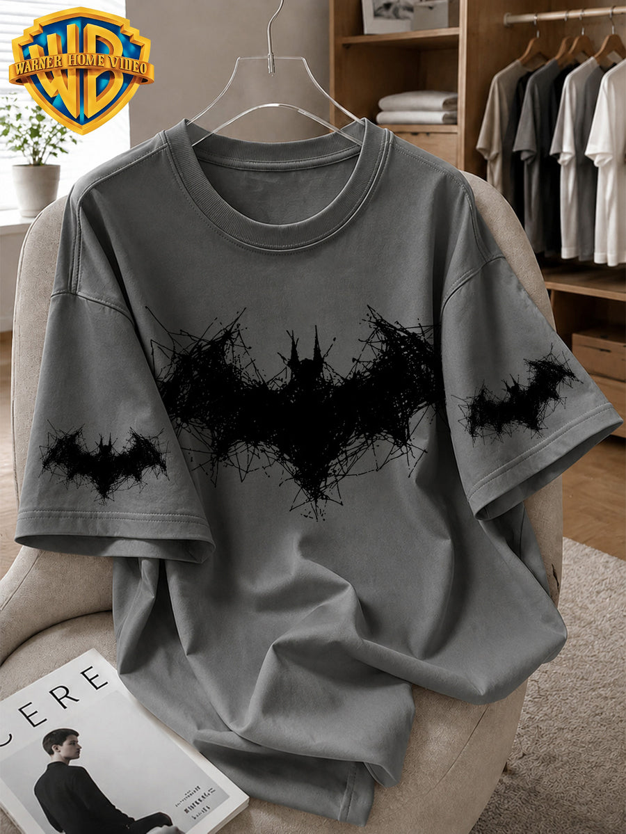Warner Bros. Officially Licensed Batman Abstract Line Drawing Logo Printed Men's Cotton Short-Sleeved T-Shirt, American Retro Street Style, Soft and Breathable, Suitable for Daily Wear, Streetwear, Fitness, and Outdoor Use - Dark Gray
