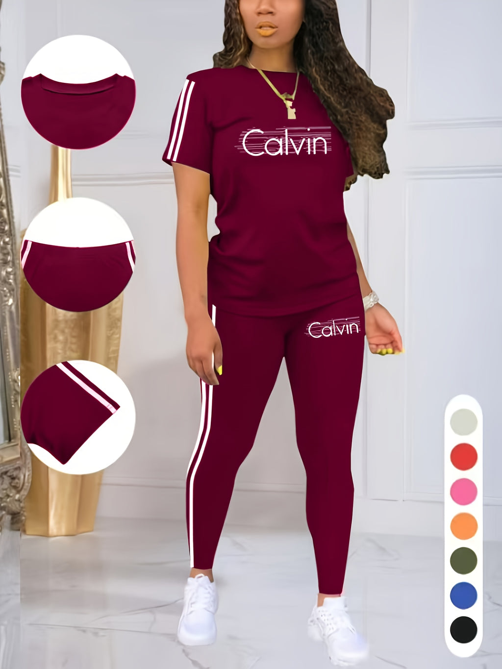 Women'S Casual Two-Piece Set with Round Neck And Short Sleeves Featuring Printed Letters - Burgundy