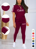 Women'S Casual Two-Piece Set with Round Neck And Short Sleeves Featuring Printed Letters - Burgundy