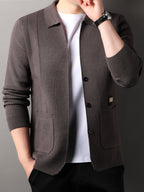 Men's Air-Layer Jacquard Cardigan -Front Lapel - Warm Winter Outerwear Suitable for Fall/Winter, Casual -Front Door Collar, Hand Washable Solid Color Blazer - Coffee Color