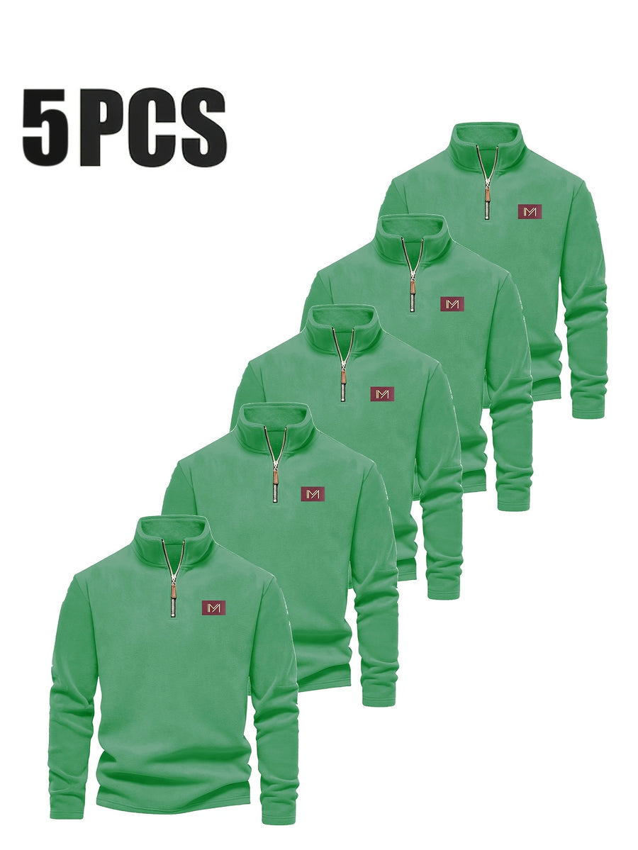 Men's Autumn/Winter Fashionable Simple Style Stand Collar Long Sleeve Sweatshirt 5pcs - Bright green + bright green + bright green + bright green + bright green