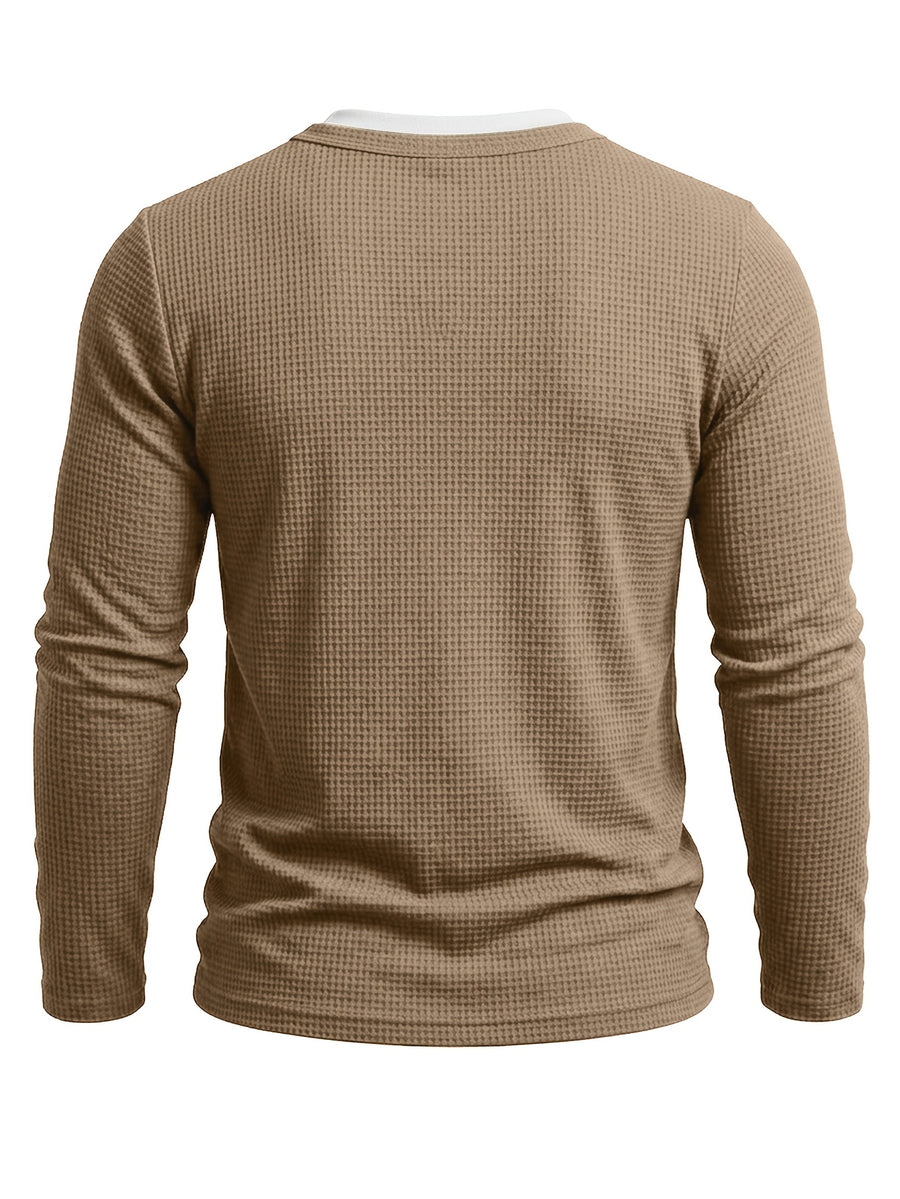 Autumn/Winter Cross-Border Men's Long Sleeve Crew Neck 2-in-1 Look Henley Shirt European and American Men's Pullover Base Layer T-shirt - Khaki