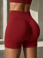 Contouring Workout Shorts, Stretchy Fitted Design, with Waist Shaping Elastic And Wrinkle Accent, Comfortable Elastic Waistband with -Lifting Wrinkles, Creating a Contouring Look, Elastic Waistband with Wrinkle Detail for -Lifting Effect - Red