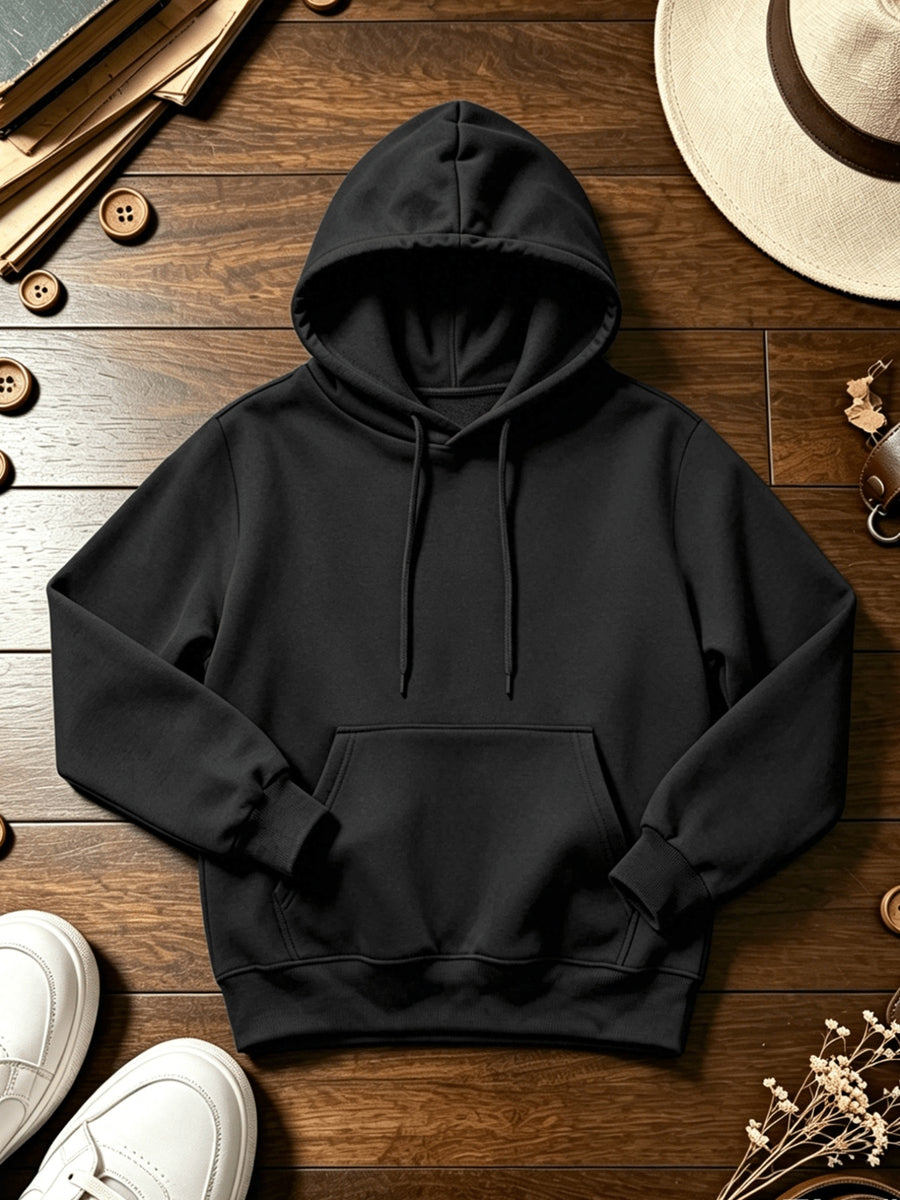 Men's Long Sleeve Hoodie, 100% Polyester Solid Color Pullover with Drawstring and Kangaroo Pocket, Adjustable Hood, Ribbed Cuffs and Hem, Regular Fit, Suitable for Casual Sports and Jogging - Spring/Fall/Winter - Black