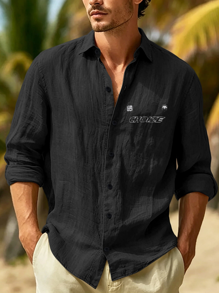Men'S Thin Textured Linen Shirt, Trendy CHOIZE English Logo Print Loose All-Match Long Sleeve Shirt Top - Black