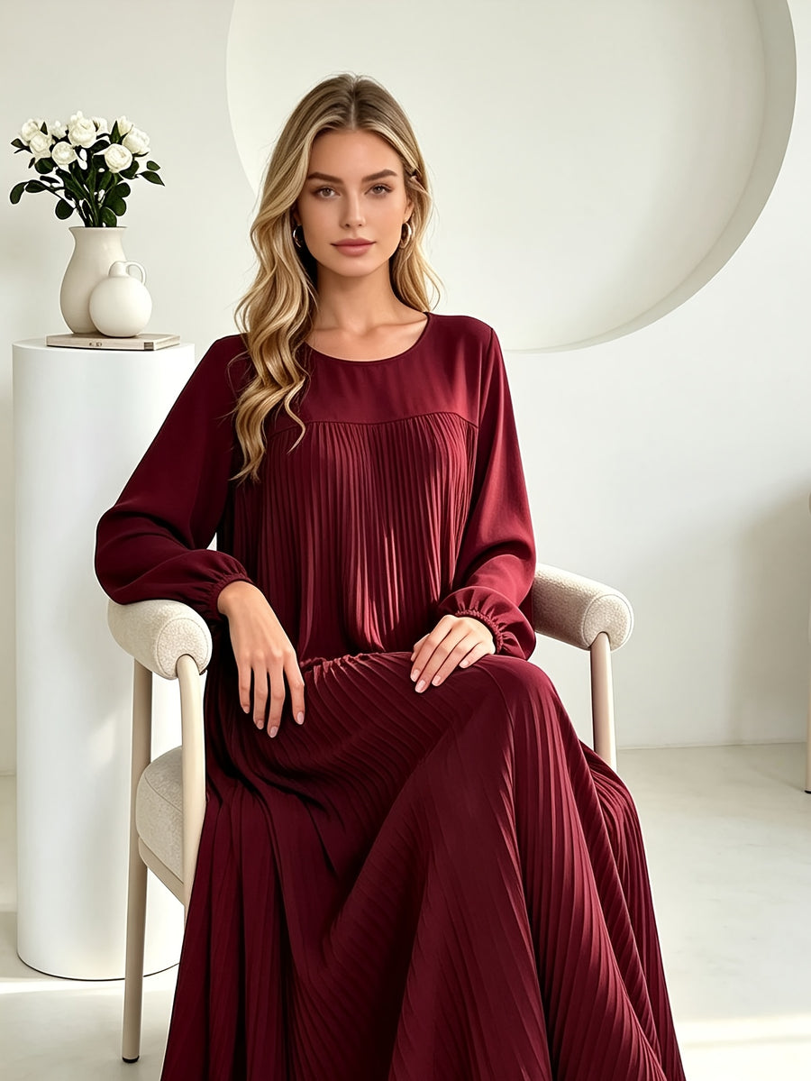 1pc Elegant Holiday Fashion Versatile Loose Pleated Back Zipper Solid Color Women's Robe, Suitable for Daily Wear, Comfortable, Casual, and Loose-Fitting. Women's Robe, Muslim Long-Sleeve Dress, Women's Maxi Dress - Burgundy