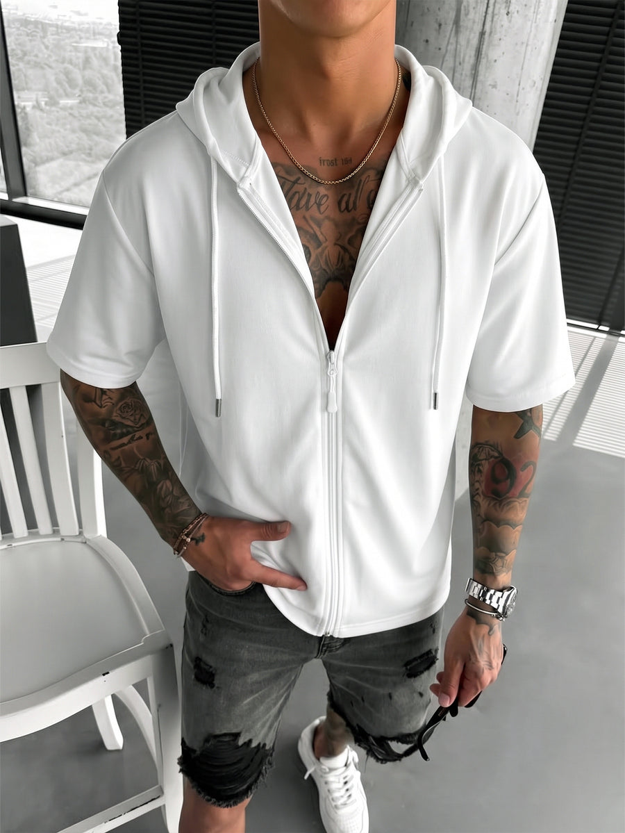 Men's Matte Solid Color Full-Zip Short Sleeve Hoodie, Swagger Style for Cool Guys, Floor-to-Ceiling Window Indoor Outfit with Ripped Shorts, Casual Jacket 2HLT79 - White