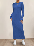 New Women's Round Neck Pullover Long Dress, Suitable for Home Wear, Outerwear, or as a Base Layer, Long Sleeve, Slim Fit, Loose Fit, A-Line, Solid Color, Ribbed, Relaxed Style Long Dress - Blue