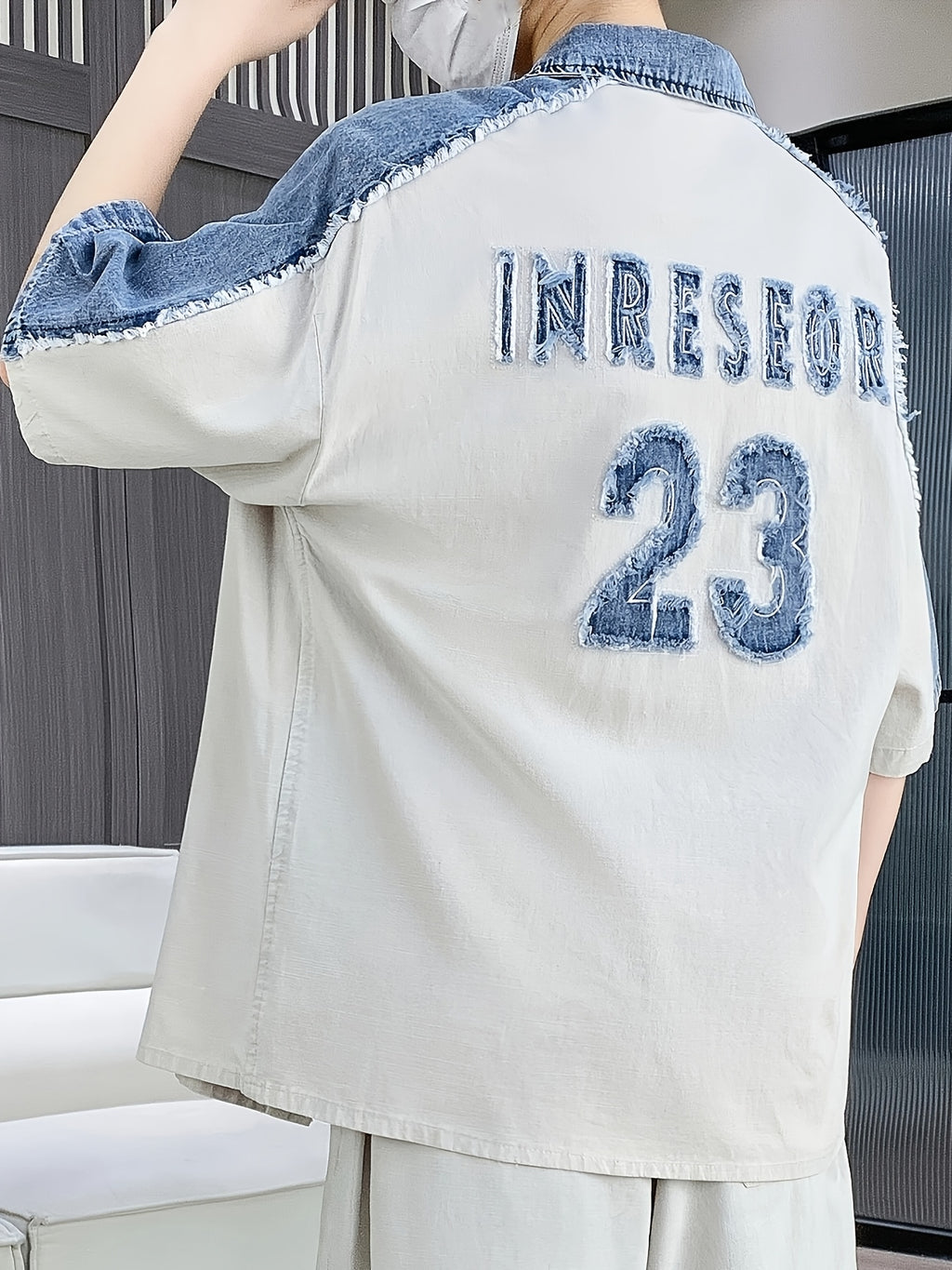 Men's Color-Block Denim Patchwork Short-Sleeve Shirt Jacket with Raw Hem, Letter Embroidery, Lapel Collar, Loose Fit, High Street Streetwear Style - 8061 Beige