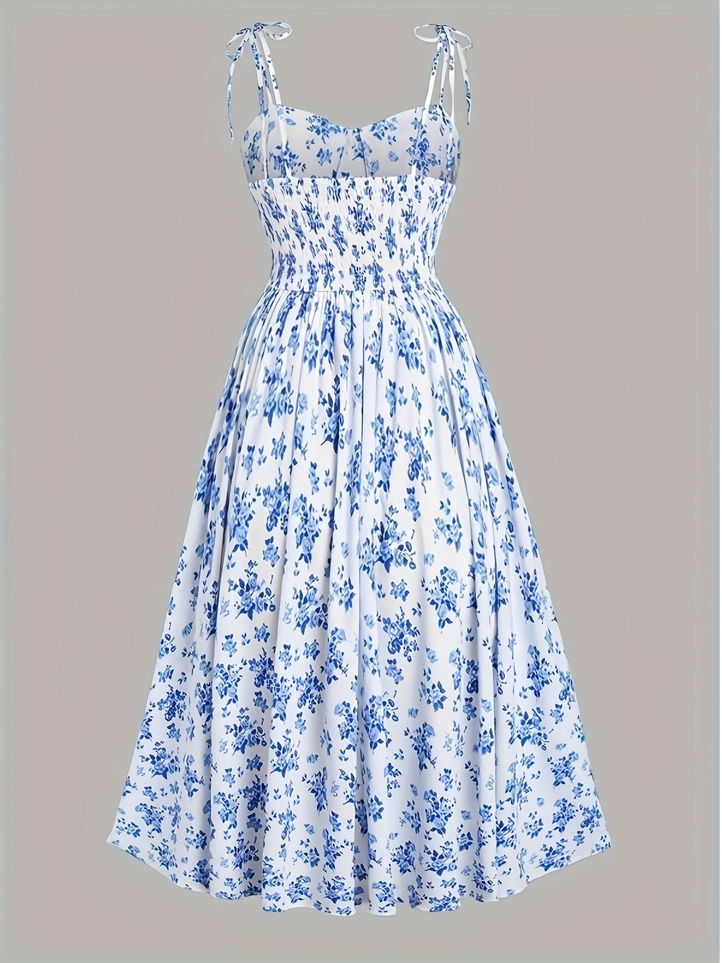 Fashionable Women'S Floral A-Line Dress with a Split Hem, Thin Shoulder Straps, And a Bow Tie Detail - Mix Color Blue And White