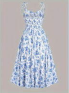 Fashionable Women'S Floral A-Line Dress with a Split Hem, Thin Shoulder Straps, And a Bow Tie Detail - Mix Color Blue And White