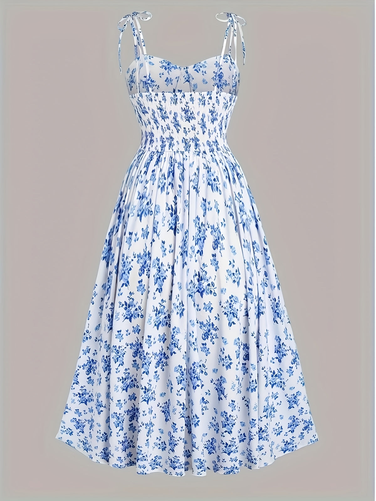 Fashionable Women'S Floral A-Line Dress with a Split Hem, Thin Shoulder Straps, And a Bow Tie Detail - Mix Color Blue And White