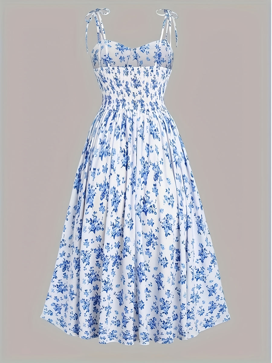 Fashionable Women'S Floral A-Line Dress with a Split Hem, Thin Shoulder Straps, And a Bow Tie Detail - Mix Color Blue And White