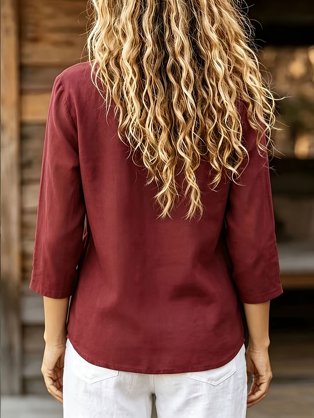 Women's Spring/Summer Casual Loose V-Neck Button-Up Shirt - Burgundy
