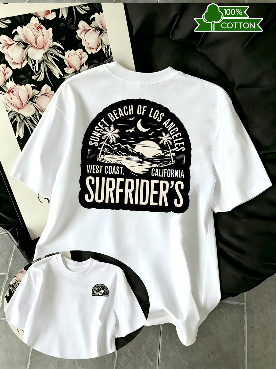 Summer New Coconut Tree Sunset Print Men'S Casual Sports Fitness Pure Short Sleeve Moisture Wicking And Sweat-Absorbing Sports Comfortable Casual Outing Matching, Outdoor Sports Fitness - White