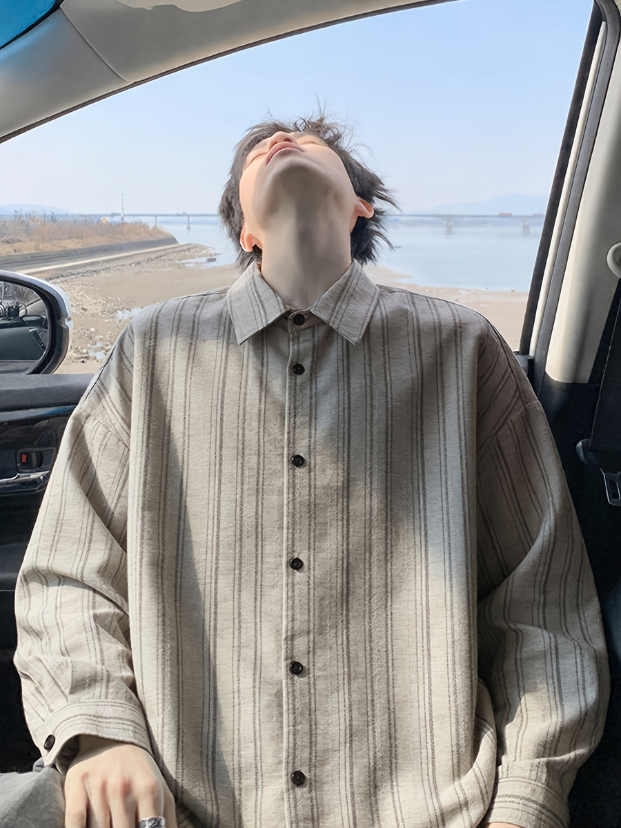 [Know And Give OBM] Men'S Japanese Distressed Black Gray Pinstripe Lapel Long Sleeve Shirt, Retro Texture Drop Shoulder Loose Casual Shirt, Spring/Autumn Commute Outdoor Daily Wear - Milk Coffee Color