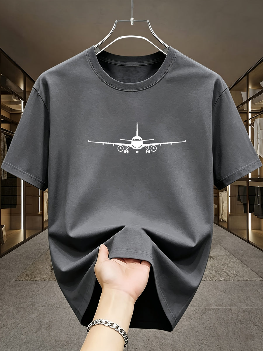 Minimalist Light Luxury Style Line Airplane White Label Print Casual Business Men'S T-Shirt, Daily Commute - Grey