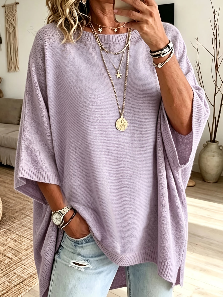 Plus Size, Women's Spring/Autumn Elegant Casual Cute Sexy Middle Eastern Style Spring/Autumn/Winter Solid Color Round Neck Batwing Sleeve Split Hem Irregular Loose Soft Warm Shawl Cape Pullover Sweater Top - Light Purple