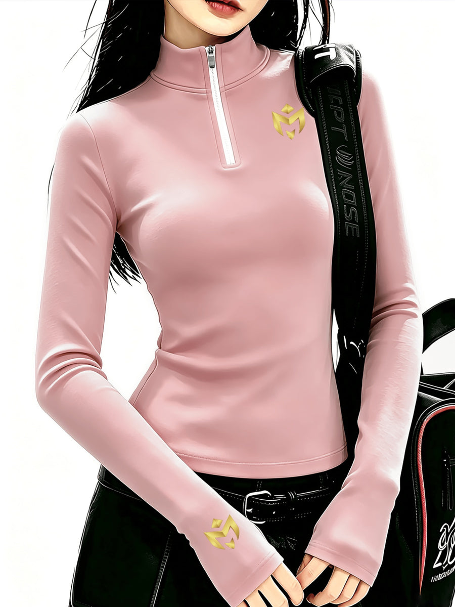 Women's Soft Stretchy Semi-High Neck Printed Bodycon Top, Thickened Warm Long Sleeve, Autumn/Winter Casual Layering T-Shirt - pink