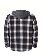 Men'S Plaid Hooded Sweatshirt Flannel Shirt Jacket Long Sleeve Casual Fashion Button-Up Shirt - White-brown-blue