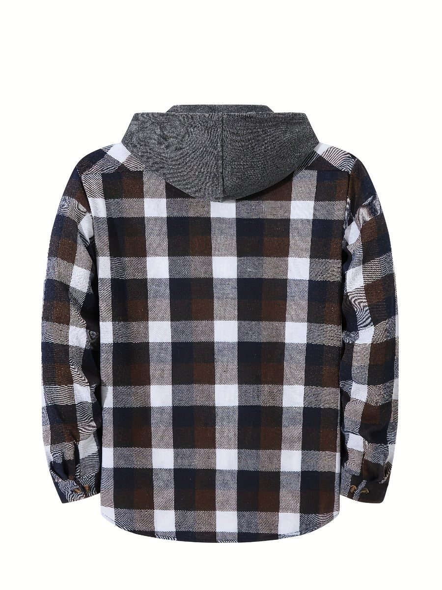 Men'S Plaid Hooded Sweatshirt Flannel Shirt Jacket Long Sleeve Casual Fashion Button-Up Shirt - White-brown-blue